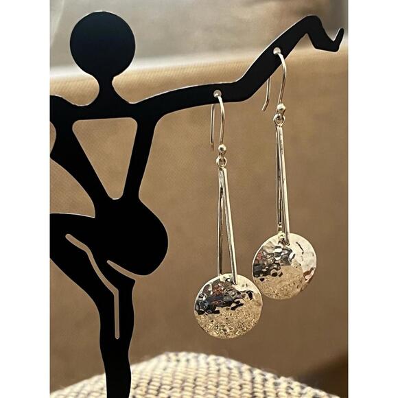 Vintage Modern Hammered Sterling Silver ATI Circle Disc Drop Dangle Earrings 2.5 - Picture 4 of 8